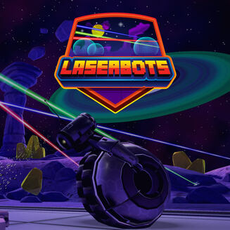 Screenshot and logo for Laserbots, a VR escape room for families