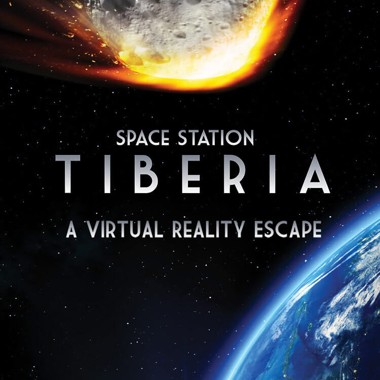 Screenshot and logo for Space Station Tiberia, a virtual reality escape room with a space theme
