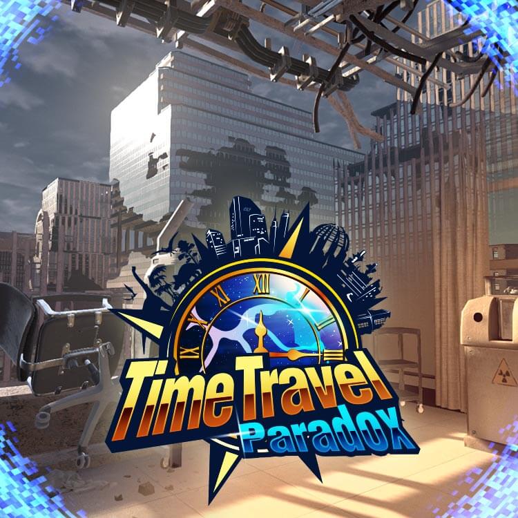 Screenshot and logo for Time Travel Paradox, a VR escape room